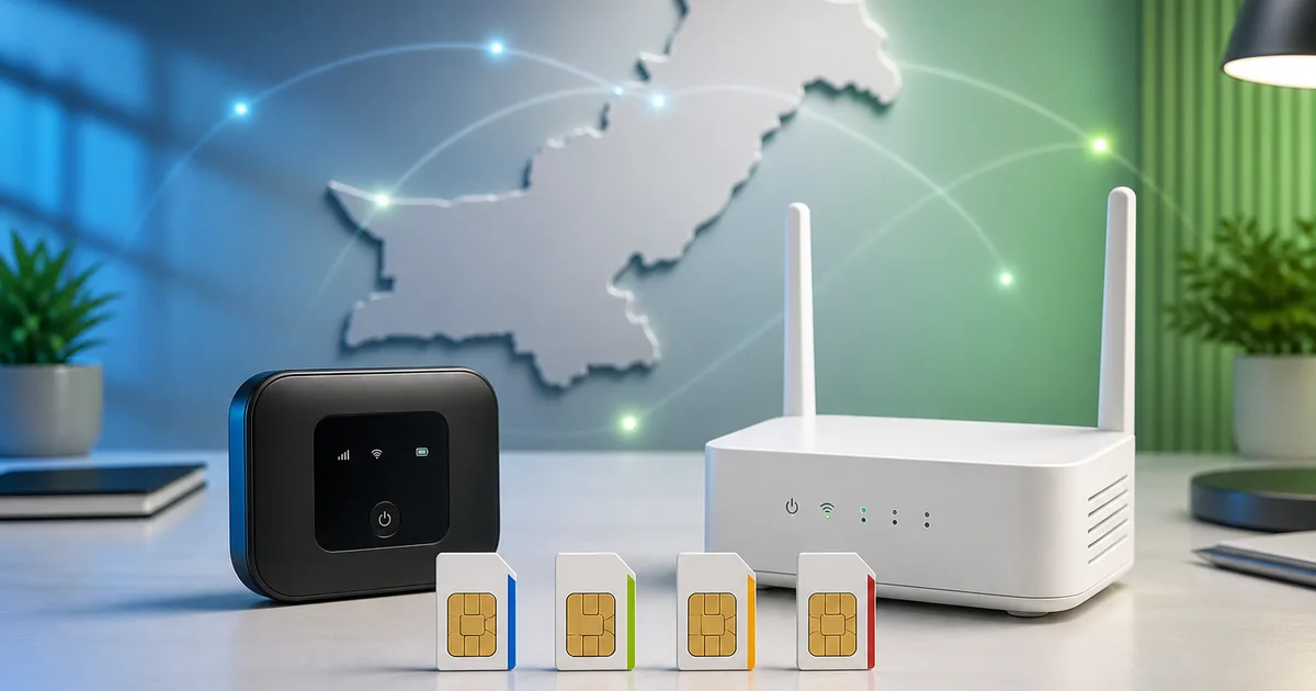 Four unbranded SIM cards with pocket WiFi and home router in front of a Pakistan coverage map