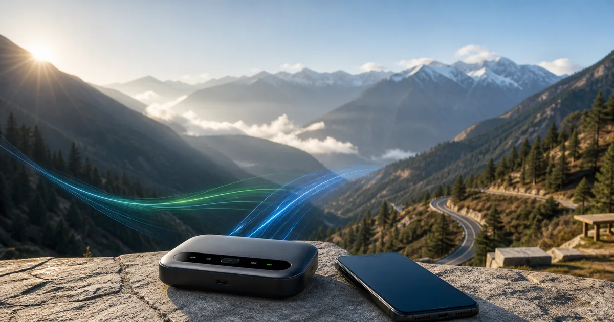 Pocket WiFi and smartphone overlooking a northern Pakistan mountain road with blue and green wireless signals