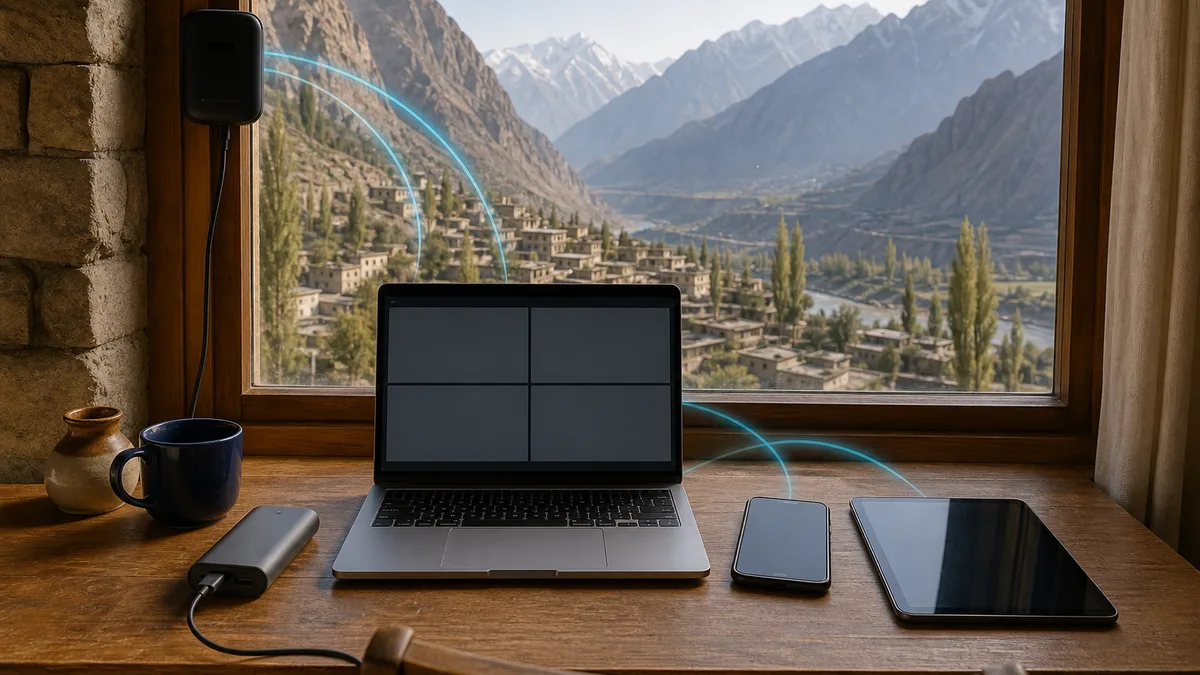 Pocket WiFi beside a guesthouse window connecting laptop, phone and tablet for remote work in a northern Pakistan valley