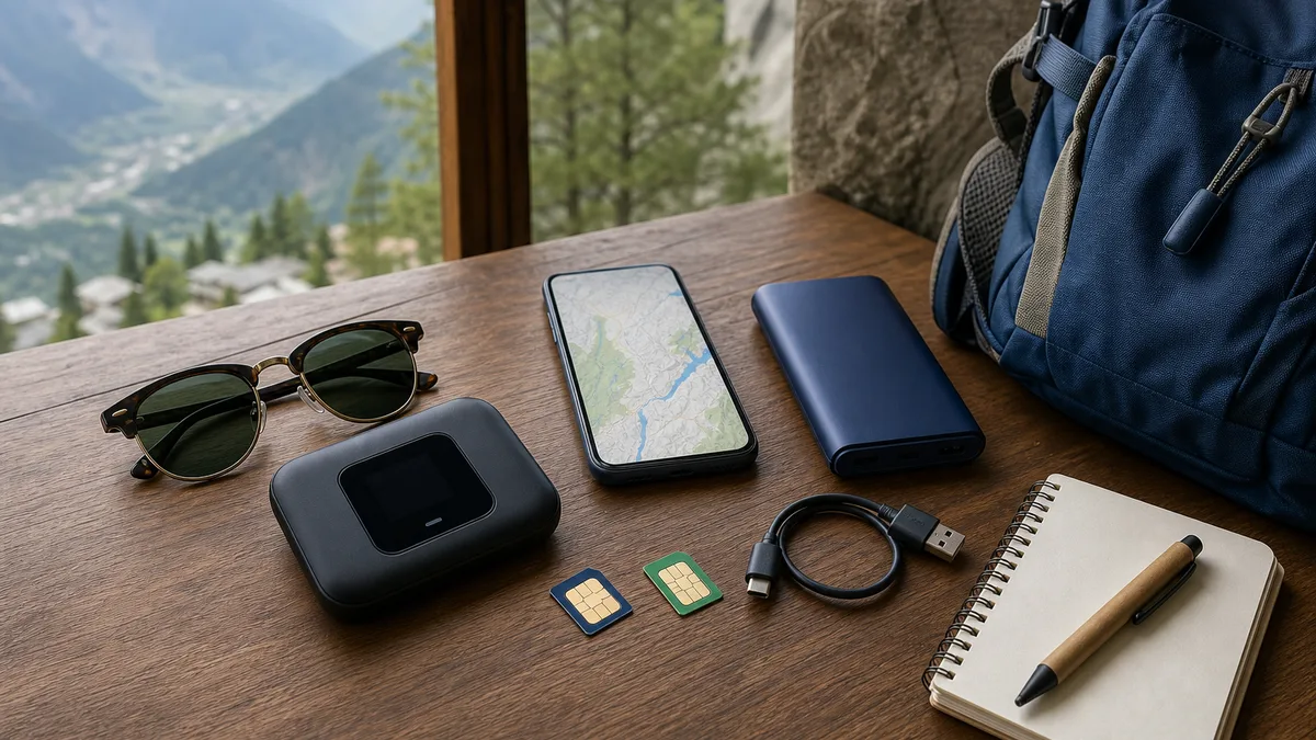 Pocket WiFi, two unbranded SIM cards, offline map phone, power bank and charging cable arranged as a northern Pakistan travel internet kit