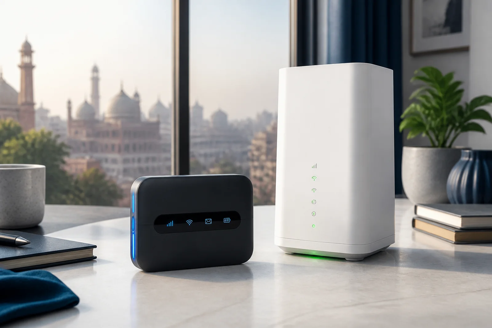 A portable 4G hotspot beside a modern 5G home router in a blue and green Lahore workspace