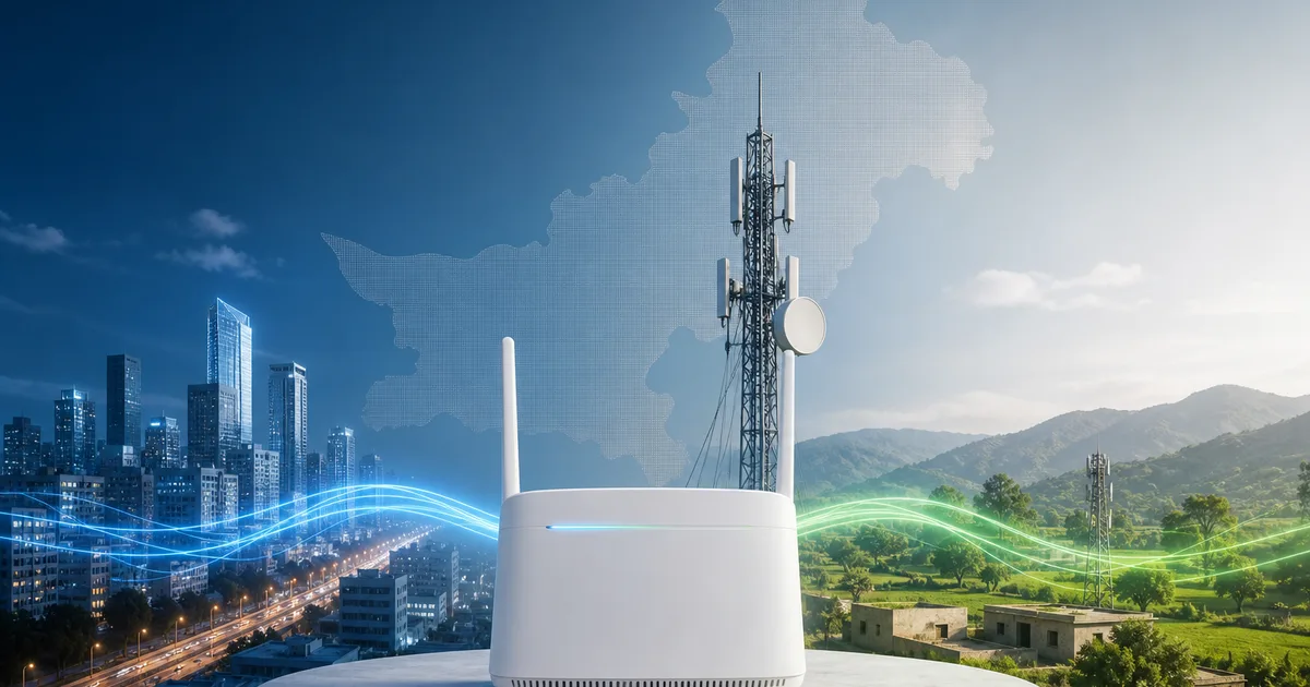 Modern wireless router linking urban and rural Pakistan through blue and green mobile network signals