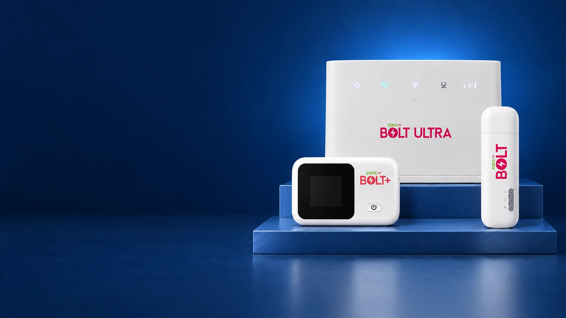 Huawei B310 router, FiberHome LCD pocket WiFi and Huawei E8372 internet devices on a blue studio display