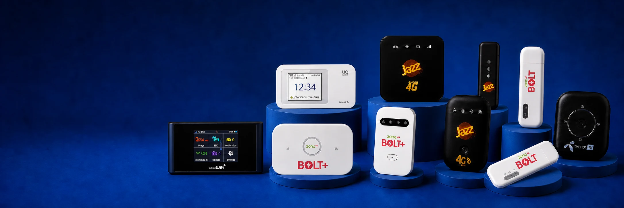Ten pocket WiFi and USB wingle devices arranged together on blue studio plinths