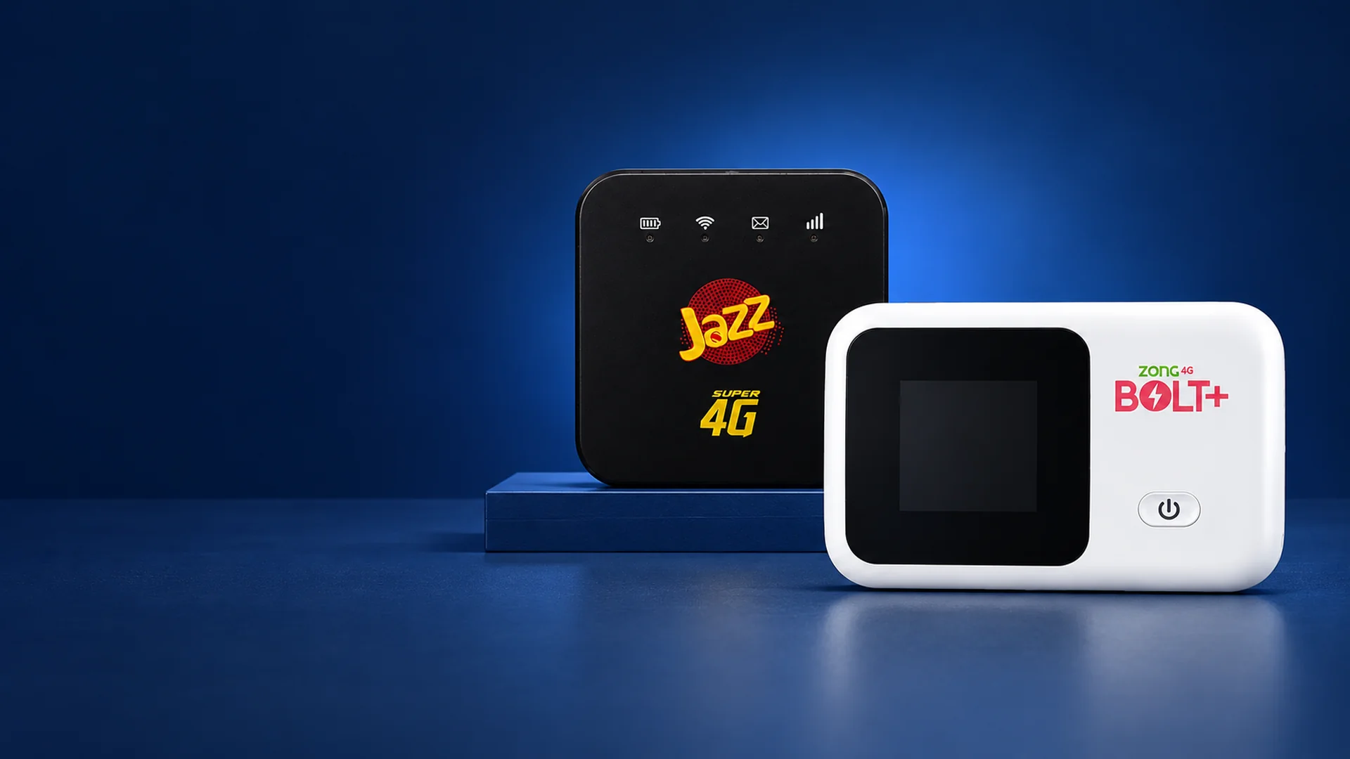 Jazz MF927U and Zong FiberHome LCD pocket WiFi devices on a blue studio display