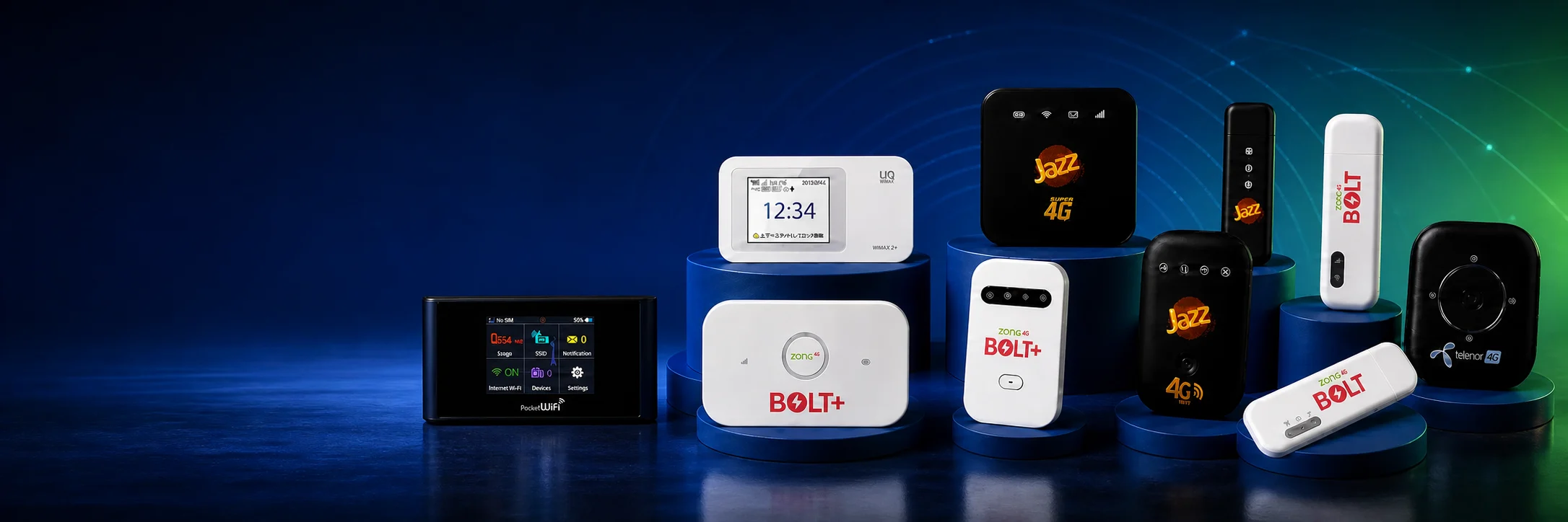 Pocket WiFi devices, USB wingles and 4G routers arranged in a connected technology showroom